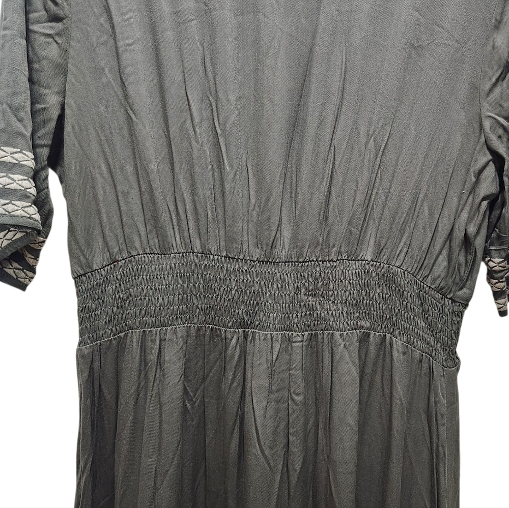 Tea N Rose Olive Green Gray Boho Peasant Praire Maxi Dress Size L - Picture 4 of 7